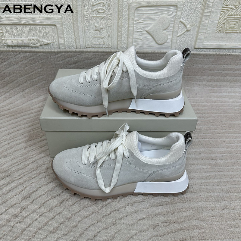 2025 White Knitted Suede Flat  - огляд і ціна Knit Fabric Lace Up Sneakers